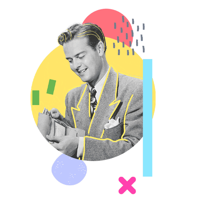 Animated collage featuring a black-and-white vintage portrait of a man smiling